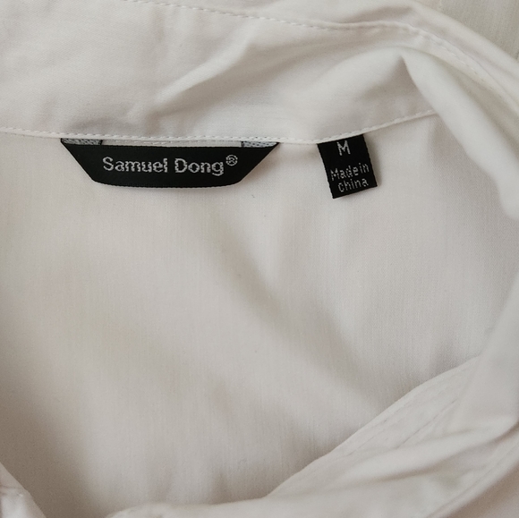 Samuel Dong Pleated Ruffle Button Up White Dressy Shirt Size Medium Women's - Picture 10 of 11